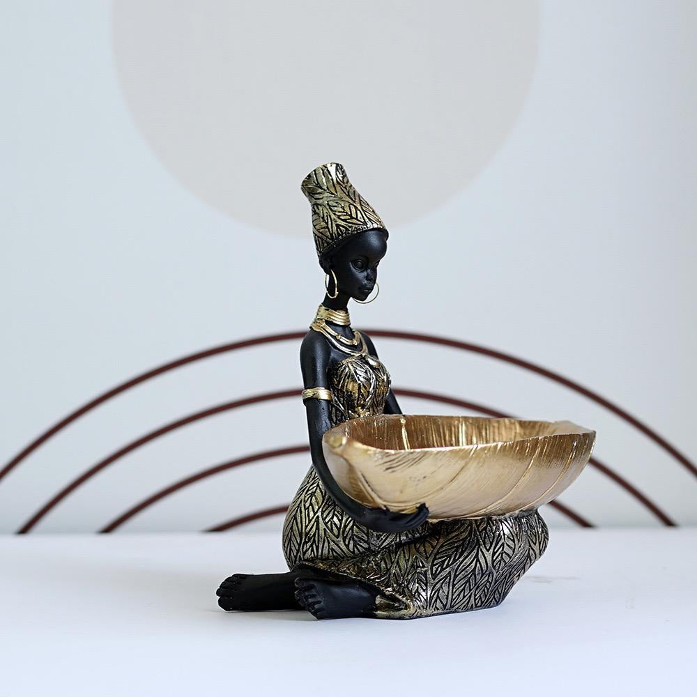 African Black Fruit Plate Ornament Resin Home Décor with Thai Style Folk Art Pattern Desktop Storage Decoration | RRW040