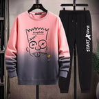 Men's 2 Piece Sweat Set Trousers Casual Pullover T-shirt Outer Wear Loose All-Match Gradient Color Long Sleeve Student Tops