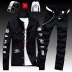 Men's Denim Jacket Jeans Pants Letters Printing Trousers 3 Pcs Set Casual Single Breasted