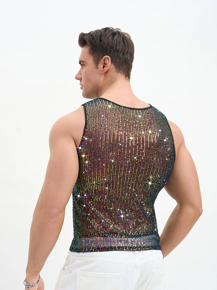 WINUU Men‘s Mesh Sequin Tank Top Rave Party Vest for Clubs & Music Festivals Shiny Glitter Muscle Tee Shirt