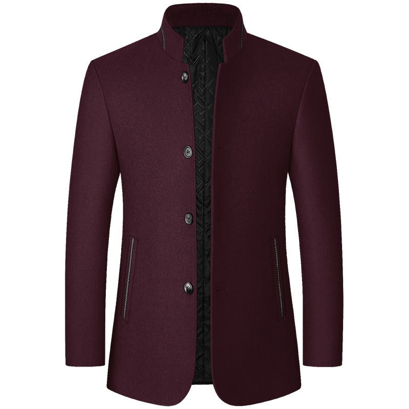 Men Stand Collar Long Sleeves Solid Color Daily Casual Woolen Jacket | J2105