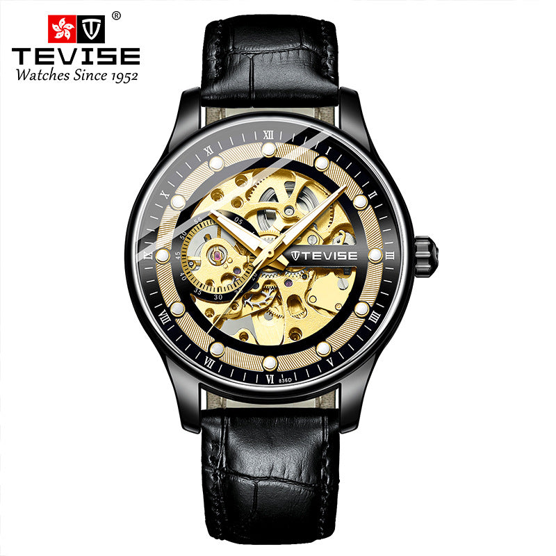 Montre mécanique automatique squelette pour homme avec bracelet en cuir et horloge | T836D 