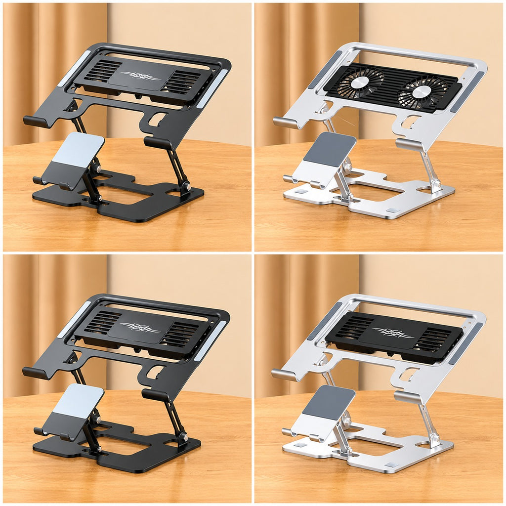 Laptop & Phone 2-in-1 Cooling Stand with Fans | Silent Turbo-Fan Elevator for Gaming Laptops | Height-Adjustable Aluminum Riser | 112