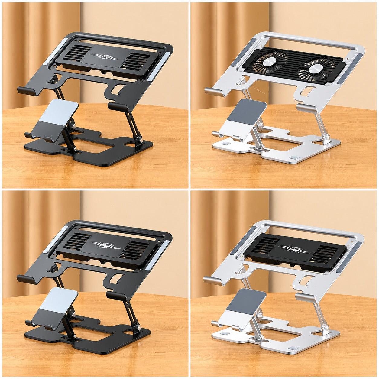 Laptop & Phone 2-in-1 Cooling Stand with Fans | Silent Turbo-Fan Elevator for Gaming Laptops | Height-Adjustable Aluminum Riser | 112