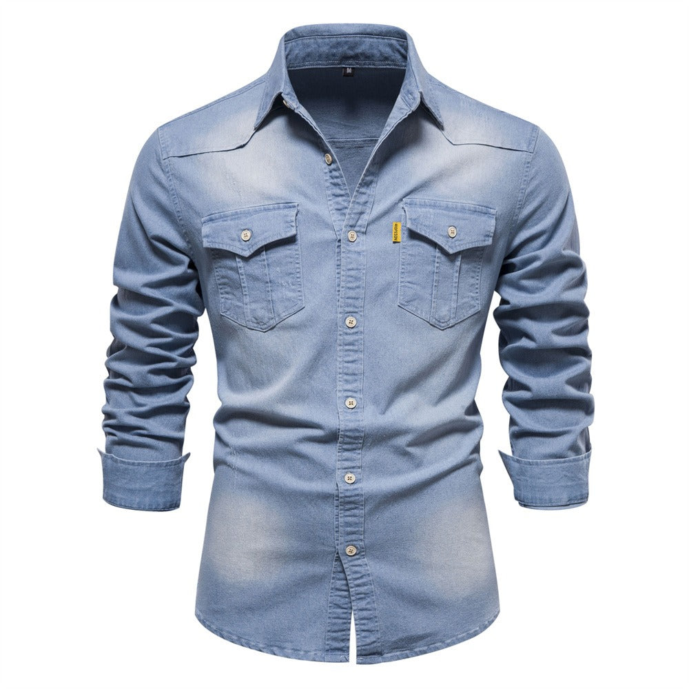 Men's Long Sleeve Denim No-Iron Casual Shirt Solid Color Cotton Vintage Style | 6022
