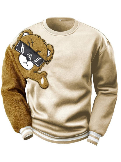 Men's Cartoon Bear Embroidered Crew Neck Plus Size Sweatshirt Polyester Fabric Vibrant Animal Pattern Top Casual Wear Knit Fabric Shirt