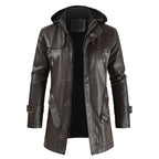 Men's Mid-Length Leather Jacket Youth PU Leather Windbreaker Jacket