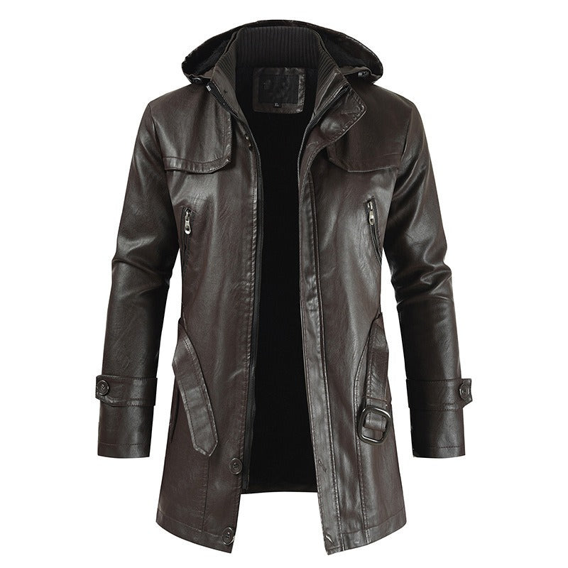Men's Mid-Length Leather Jacket Youth PU Leather Windbreaker Jacket