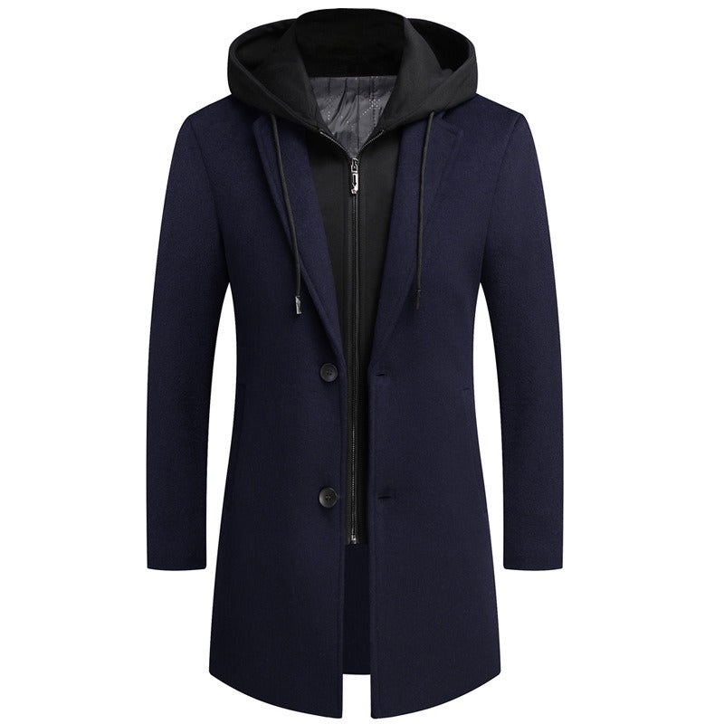 Men's Detachable Hooded Wool Jacket Windproof Mid-Length Coat Casual Thick Trench Coat | 1909-3