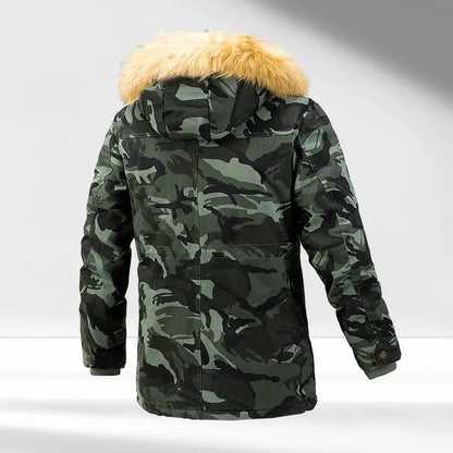 Men's Military Camouflage Fleece Lined Drawstring Thick Parka Casual Cargo Bomber Multi Pockets Jacket Cotton Canvas Fur Hooded Coat