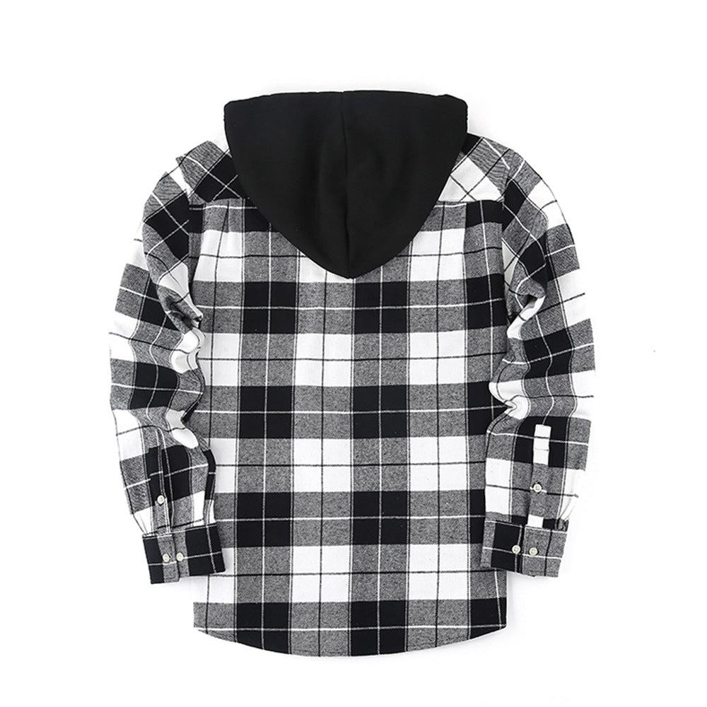 Men Premium Loose Fit Casual Flannel Long Sleeve Hooded Plaid Checkered Shirt | JM419