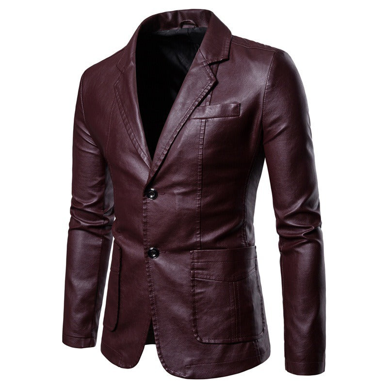 Men Suit Leather Jacket Casual Classic Business Motorcycles PU Leather Blazer Coat | 1412