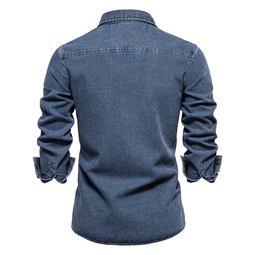 Men’s Washed Denim Shirt – Long Sleeve 100% Cotton Casual Button-Up Top | 6025