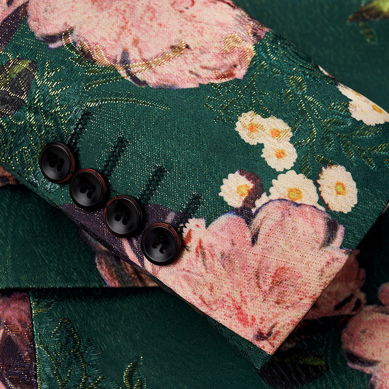 Men's Emerald Green Floral Jacquard Blazer | Slim Fit Master of Ceremonies Suit Jacket | Korean Style Business Casual Sport Coat | 2512