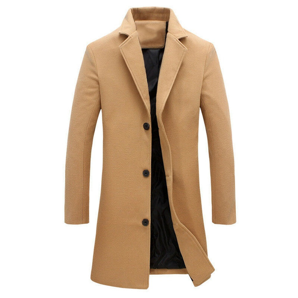 Men Light Weight Woolen Jacket Solid Color Single-Breasted Lapel Long Coat Business Overcoat | D67