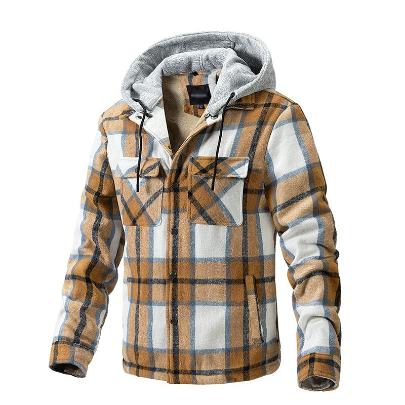 Winter Men's Jacket Plaid Wool Heavy Plus Size Shirt Checkered Hooded Coat Oversize Top