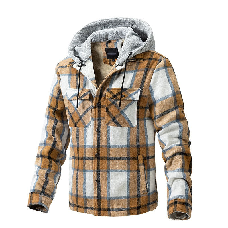 Veste d'hiver de haute qualité pour hommes, chemise à carreaux en laine lourde, grande taille, manteau à capuche à carreaux, haut surdimensionné | 88027 