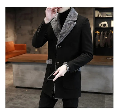 Men's Winter Fur Collar Trench Coat Slim Fit Mid-Long Blend Overcoat for Cold Weather | D-3229