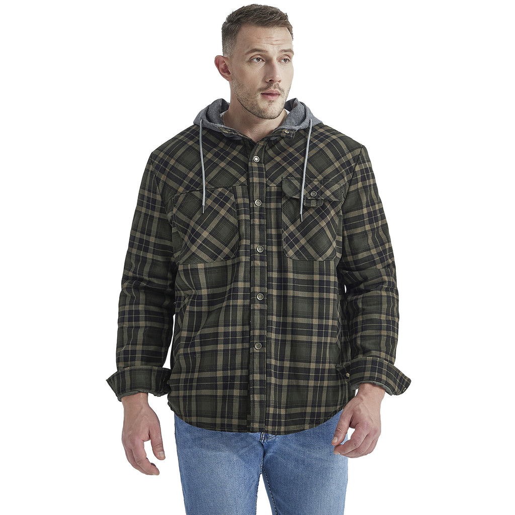 Men's Plaid Checked Shirt Jacket Plus Size Velvet Lined Windproof Warm Hooded Cotton Coat | 3252