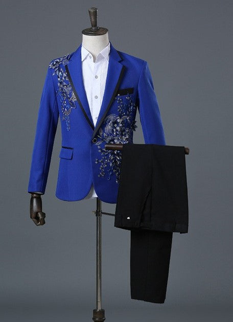 Mens 2 Piece Formal Embroidered Smart Fit Suit Flashing Sequins Crystal Blazers Coat Prom Party Tuxedo Costume Wedding Outfit