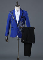 Mens 2 Piece Formal Embroidered Smart Fit Suit Flashing Sequins Crystal Blazers Coat Prom Party Tuxedo Costume Wedding Outfit