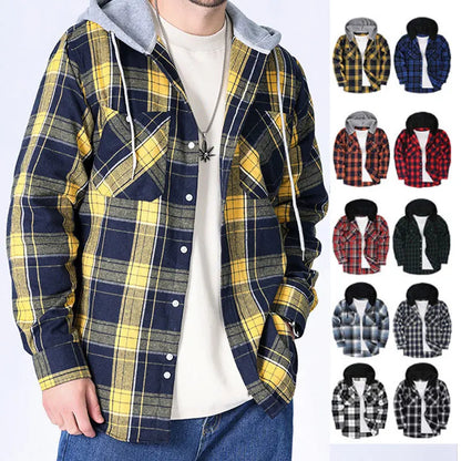 Chic Color Block Men's Plaid Pattern Hooded Long Sleeve Shirt Jacket With Drawstring And Pocket Spring Fall Outwear