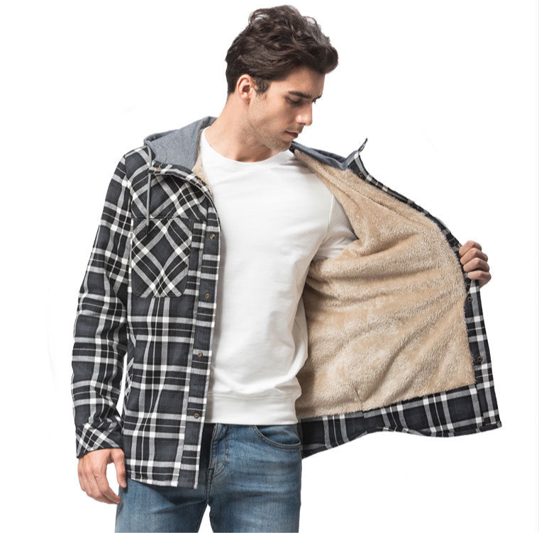 Men's Plaid Checked Shirt Jacket Plus Size Velvet Lined Windproof Warm Hooded Cotton Coat | 3252