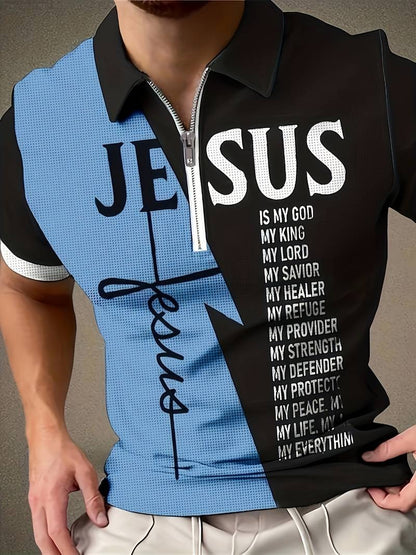 Casual "JESUS" Pattern Print Short Sleeve Zipper Shirts Lapel Collar Tops Pullovers |  POLO46-50