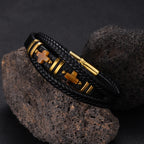 Men’s Magnetic Leather Bracelet Tiger Eye Stone & Double Cross Stainless Steel | YM-0361