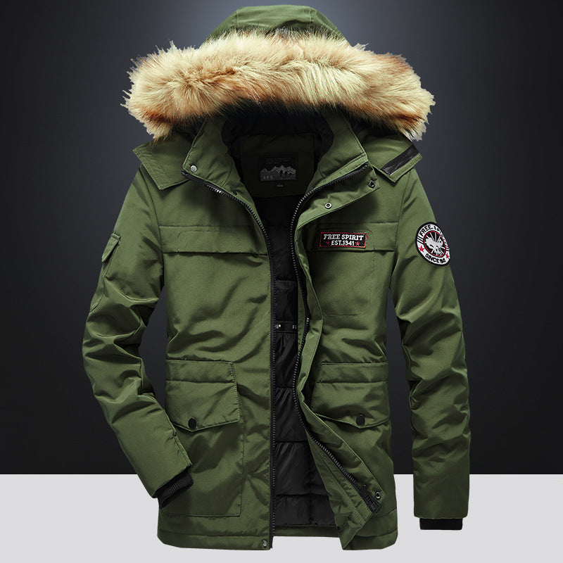 Men's Versatile Camouflage Fleece-Lined Military Jacket with Fur Hood & Multi Pockets