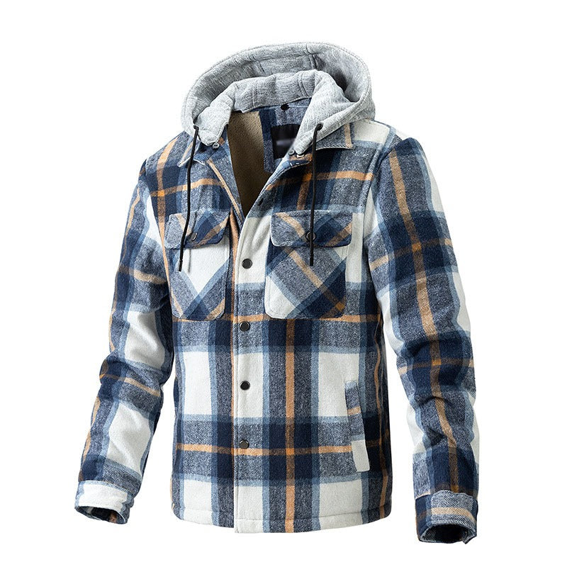 Winter Men's Jacket Plaid Wool Heavy Plus Size Shirt Checkered Hooded Coat Oversize Top