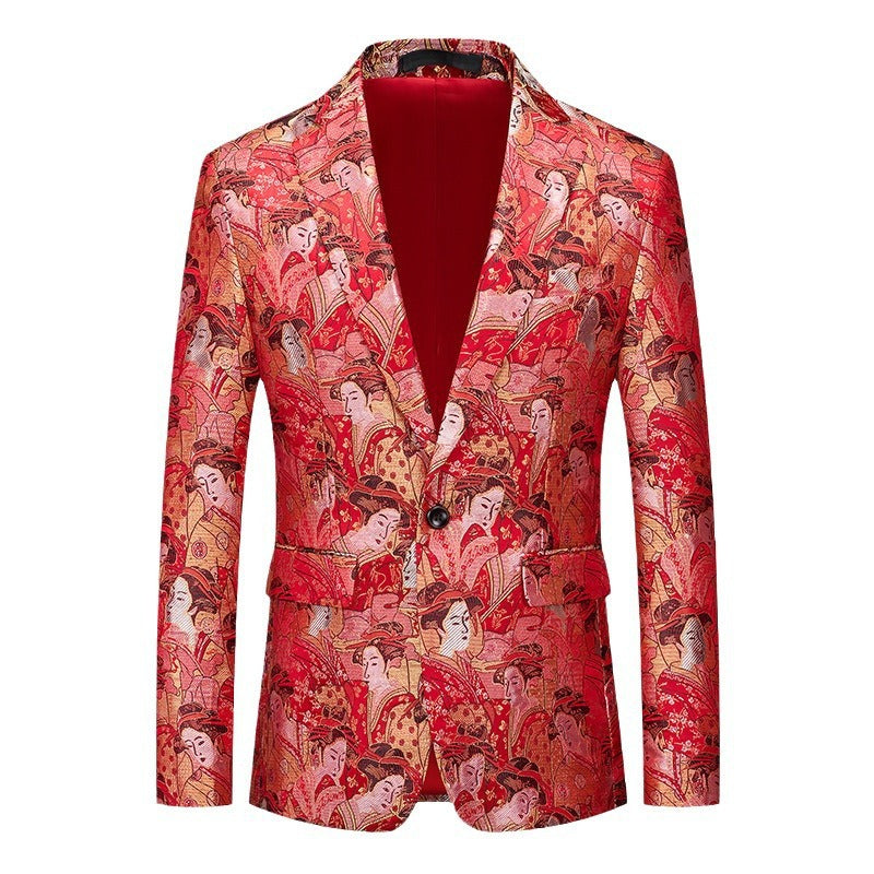 Men's Figure Jacquard Slim Fit Blazer | Single-Button Party & Banquet Jacket | Breathable Formal Wear for Nightclub & Events | 2609