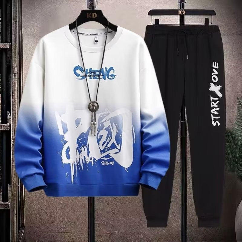Men's 2 Piece Sweat Set Trousers Casual Pullover T-shirt Outer Wear Loose All-Match Gradient Color Long Sleeve Student Tops
