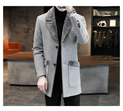 Men's Winter Fur Collar Trench Coat Slim Fit Mid-Long Blend Overcoat for Cold Weather | D-3229