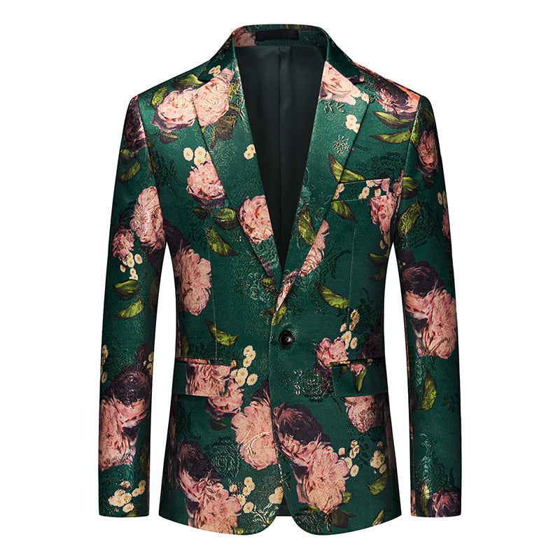 Men's Emerald Green Floral Jacquard Blazer | Slim Fit Master of Ceremonies Suit Jacket | Korean Style Business Casual Sport Coat | 2512