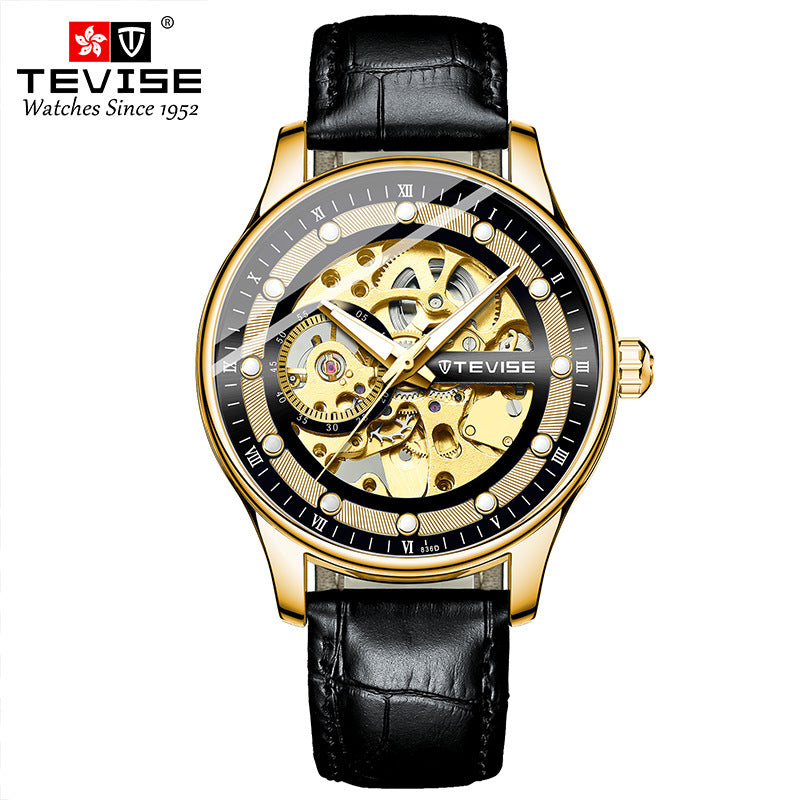 Montre mécanique automatique squelette pour homme avec bracelet en cuir et horloge | T836D 