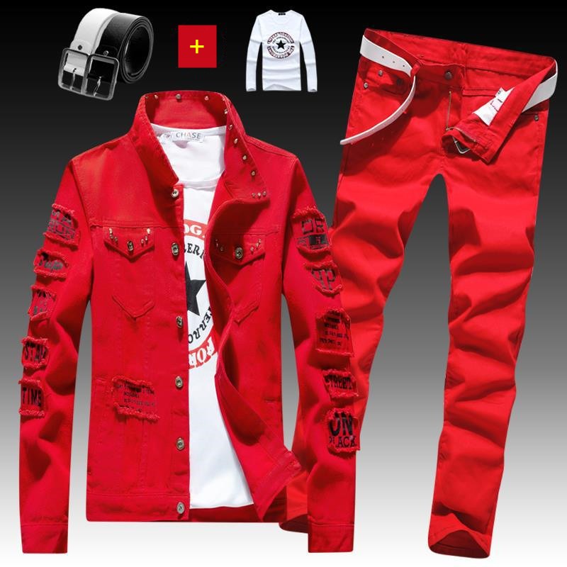 Men's Denim Jacket Jeans Pants Letters Printing Trousers 3 Pcs Set Casual Single Breasted