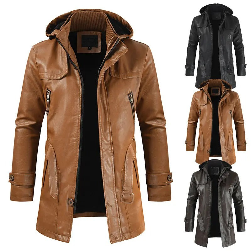 Men's Mid-Length Leather Jacket Youth PU Leather Windbreaker Jacket