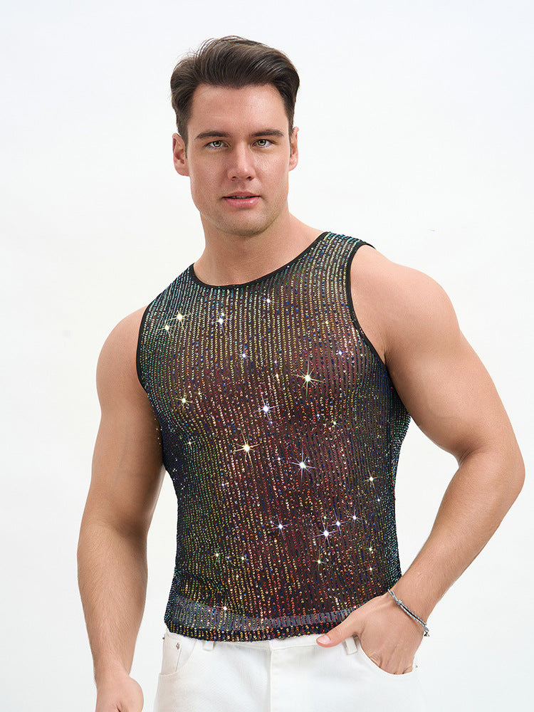 WINUU Men‘s Mesh Sequin Tank Top Rave Party Vest for Clubs & Music Festivals Shiny Glitter Muscle Tee Shirt