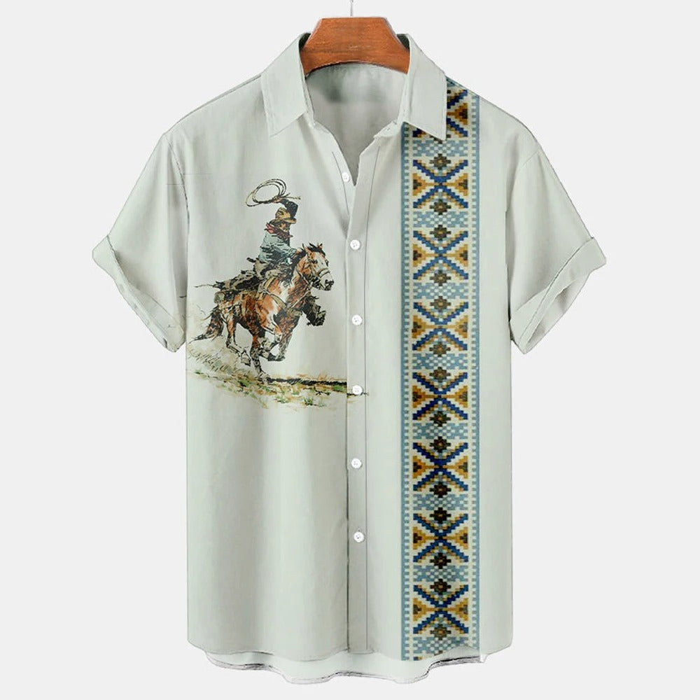 Vintage Ethnic Print Men’s Casual Short Sleeve T Shirt Cowboy Lapel Button Blouse Streetwear Polo Shirt