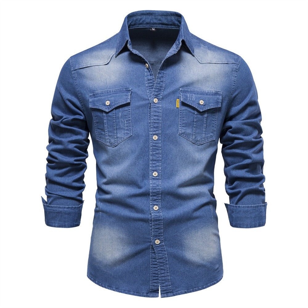 Men's Long Sleeve Denim No-Iron Casual Shirt Solid Color Cotton Vintage Style | 6022