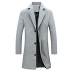 Men Light Weight Woolen Jacket Solid Color Single-Breasted Lapel Long Coat Business Overcoat | D67