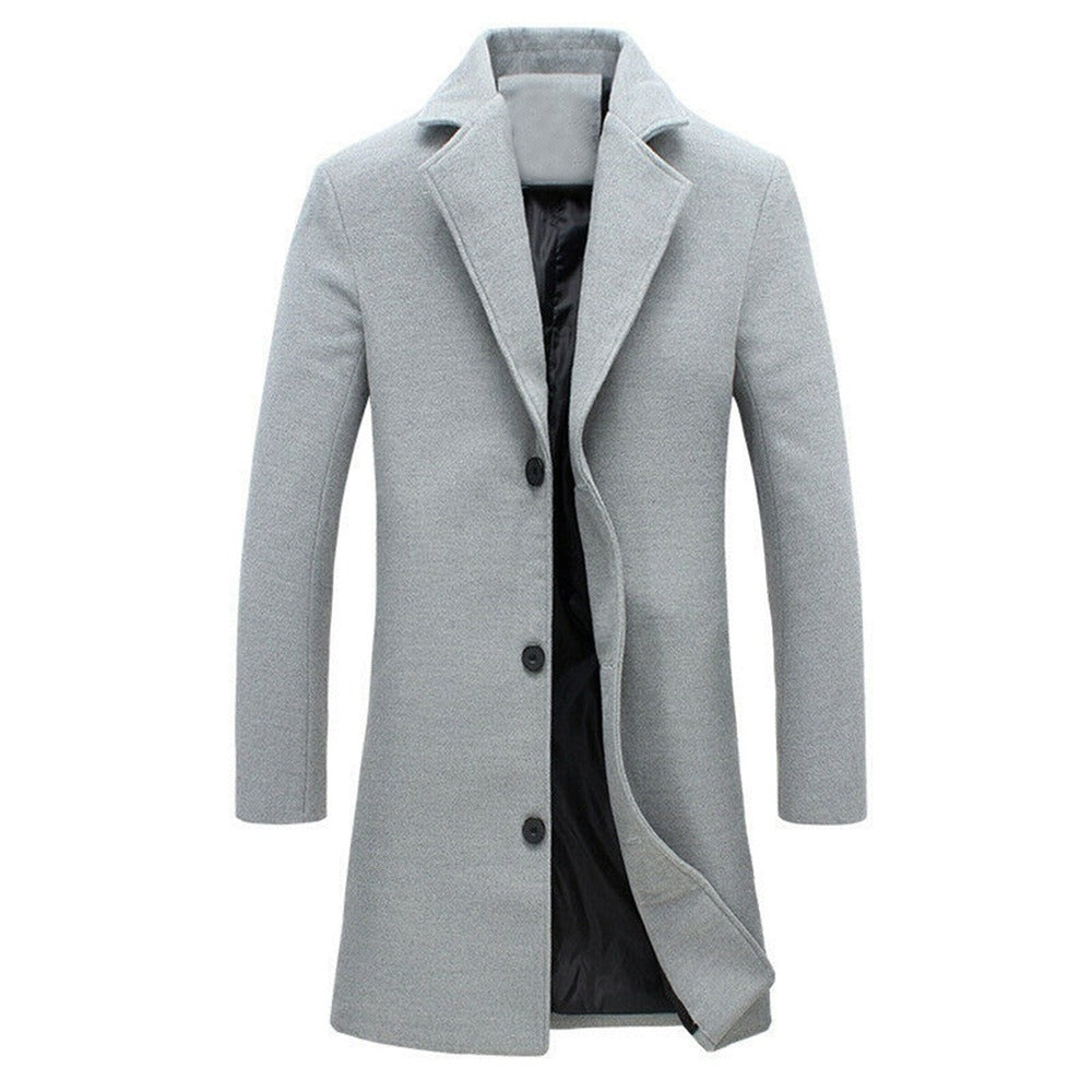 Men Light Weight Woolen Jacket Solid Color Single-Breasted Lapel Long Coat Business Overcoat | D67