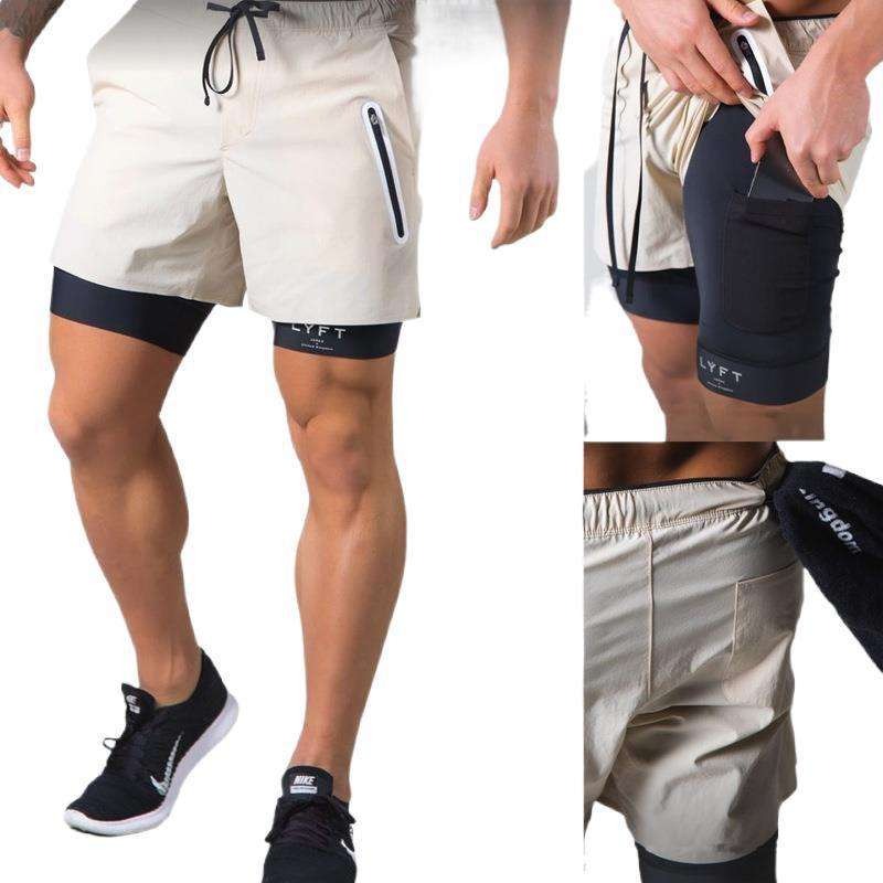 Men Double Layer Zipper Pocket Workout Running Gym Sports Lining Shorts | DK-03