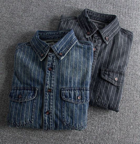 Men's Retro Heavy Distressed Denim Shirt Slim Fit Striped Long Sleeve Shirt | 8833