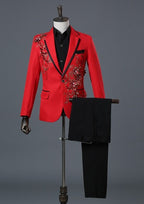 Mens 2 Piece Formal Embroidered Smart Fit Suit Flashing Sequins Crystal Blazers Coat Prom Party Tuxedo Costume Wedding Outfit