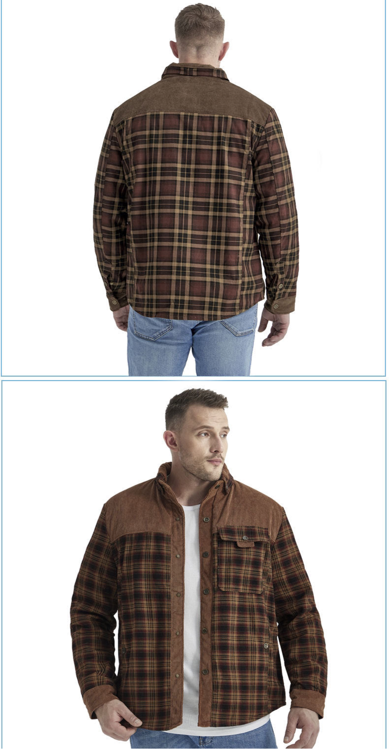 Men's Patchwork Corduroy Plaid Shirt Jacket Plus Size Velvet Lined Casual Winter Top | 3251