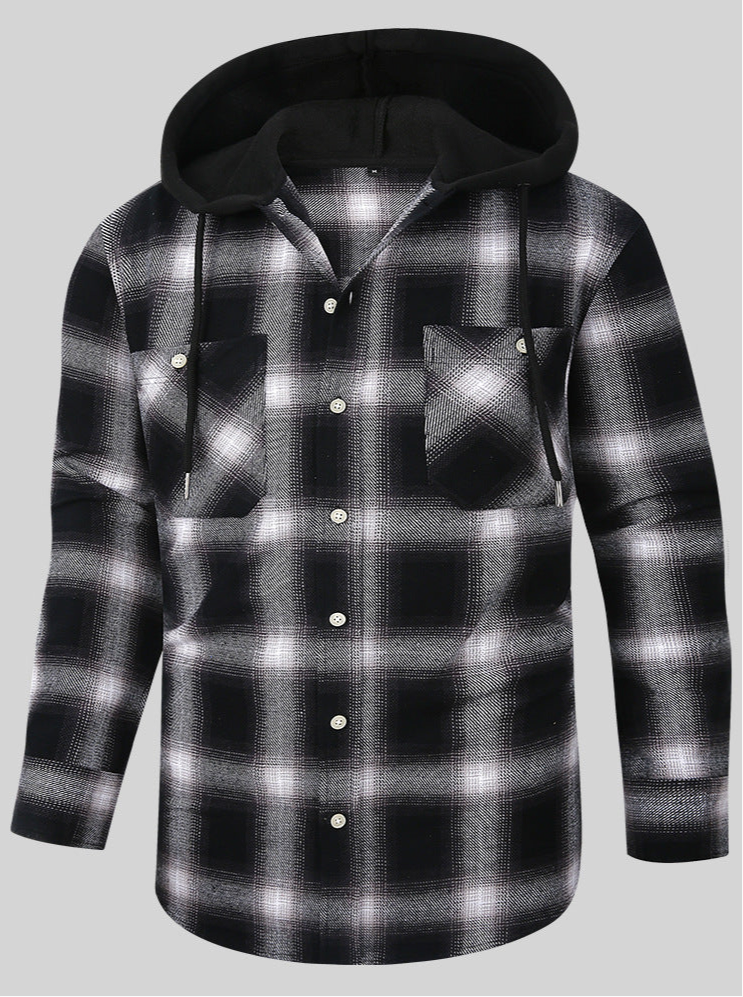 Chic Color Block Men's Plaid Pattern Hooded Long Sleeve Shirt Jacket With Drawstring And Pocket Spring Fall Outwear