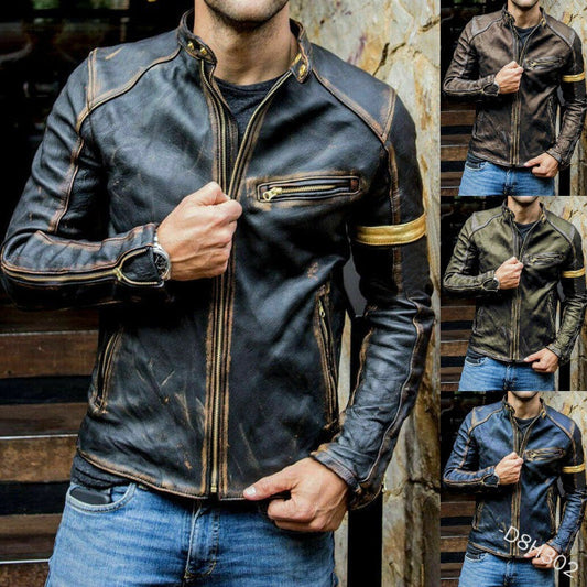 Veste en cuir décontractée à col montant et fermeture éclair pour homme | D8H302 