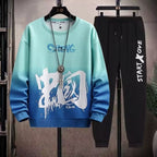 Men's 2 Piece Sweat Set Trousers Casual Pullover T-shirt Outer Wear Loose All-Match Gradient Color Long Sleeve Student Tops